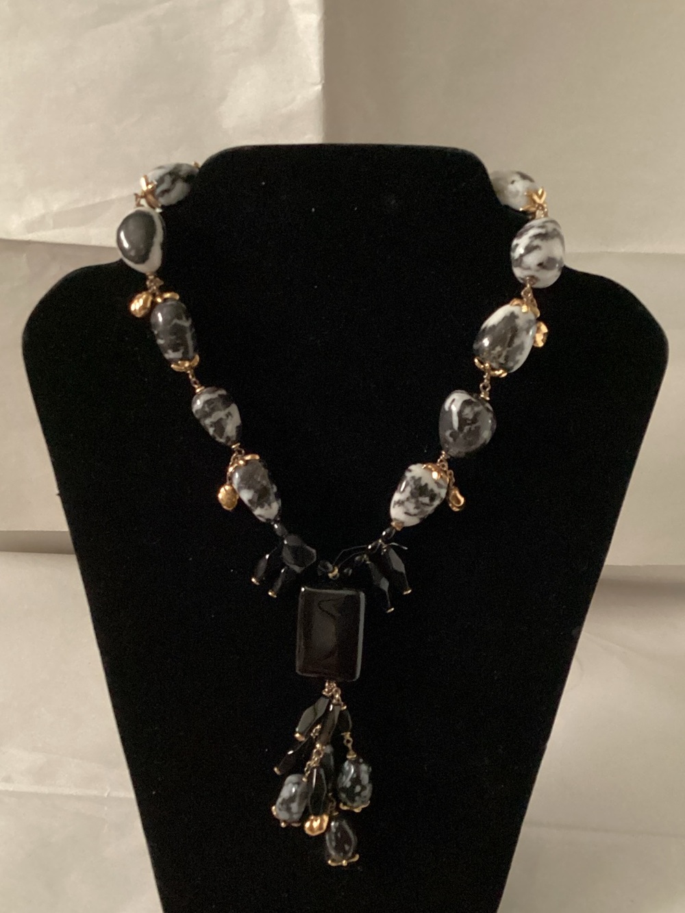 Black & White Marbled Bead Drop Necklace - Women's Jewelry